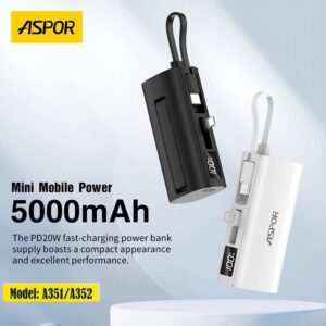 Aspor A351/A352 5,000mAh Mini Power Bank 20W PD Fast Charging & Mobile Holder